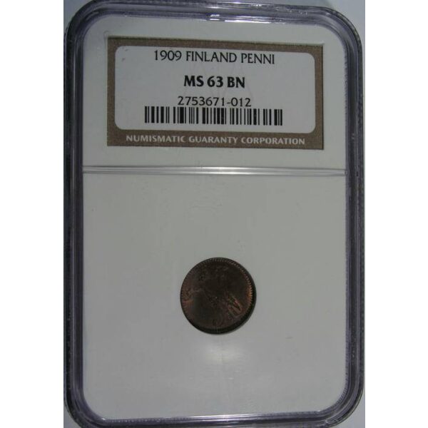 Nicholas II - 1 Penni 1909 KM#13. MS-63 by NGC. UNC. Russian Finland coin - Image 2