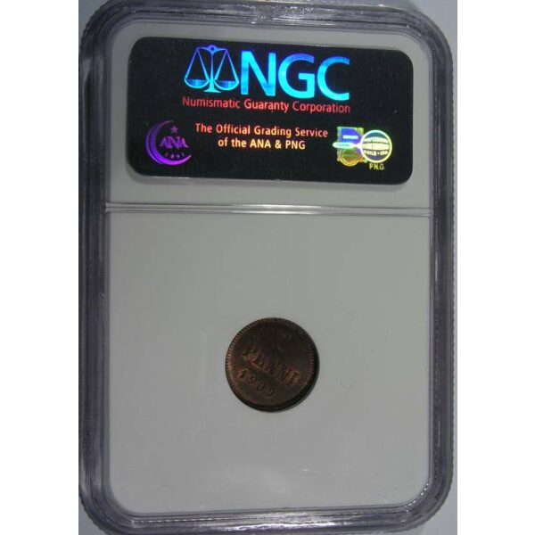 Nicholas II - 1 Penni 1909 KM#13. MS-63 by NGC. UNC. Russian Finland coin