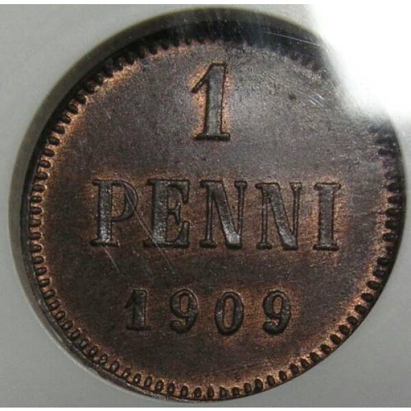 Nicholas II - 1 Penni 1909 KM#13. MS-63 by NGC. UNC. Russian Finland coin - Image 3