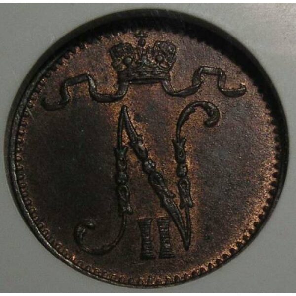 Nicholas II - 1 Penni 1909 KM#13. MS-63 by NGC. UNC. Russian Finland coin - Image 4