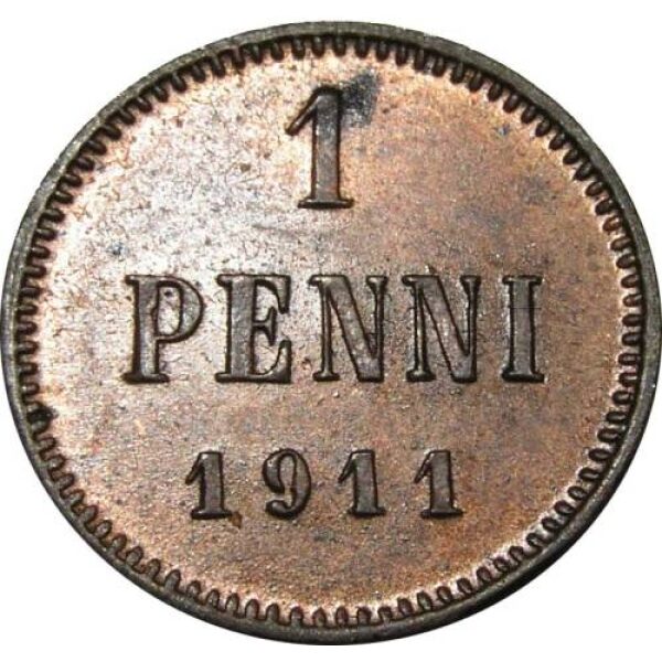Nicholas II -  1 Penni 1911. UNC. Russian Finland coin - Image 2